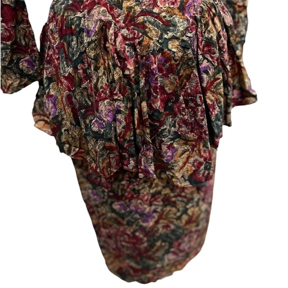 VTG 80s Dark Floral Peplum Dress Avant Garde Power Silhouette Editorial Goth 6 - Picture 5 of 11